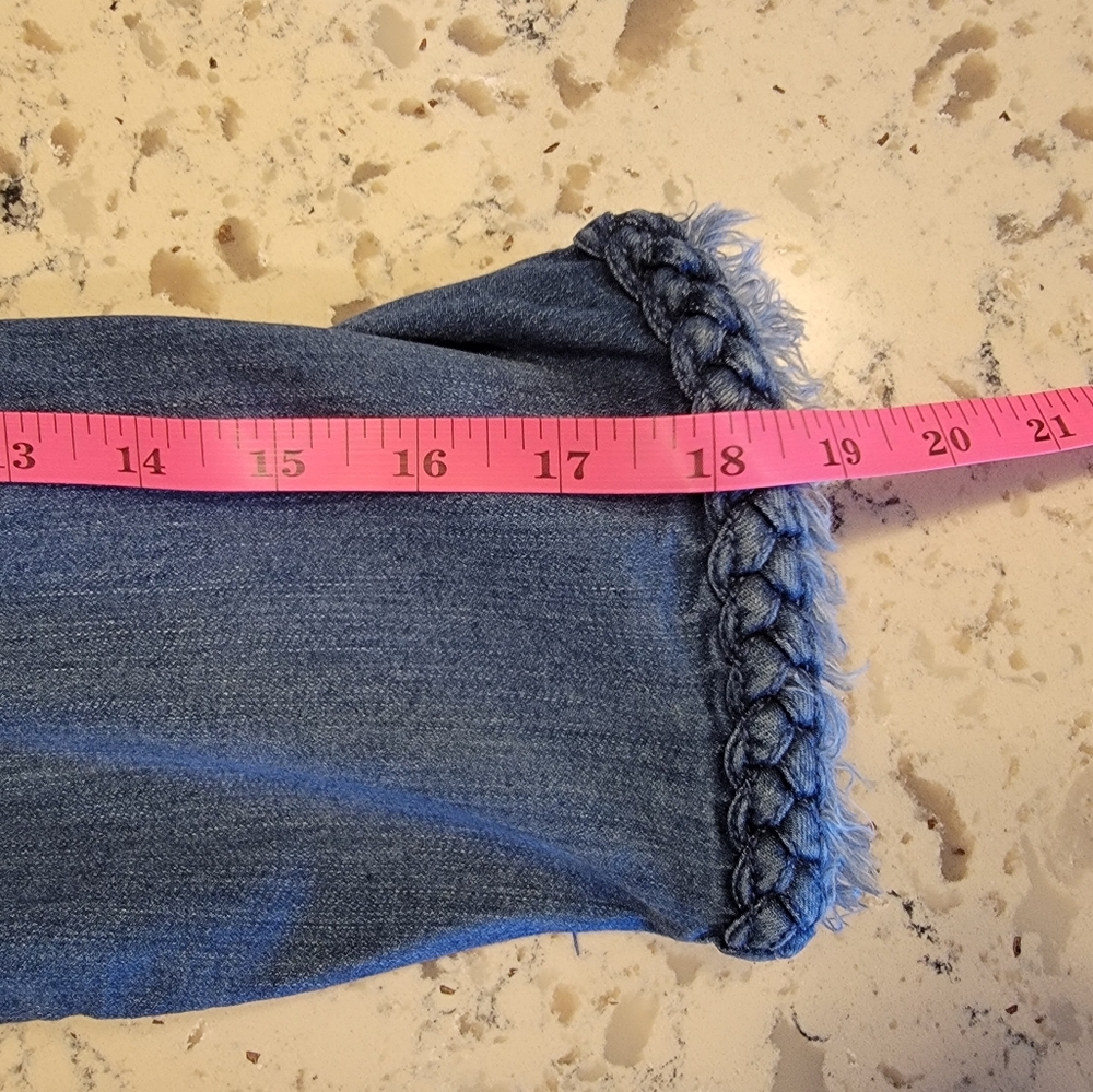 Belle by Kim Gravel‎ Braided Open Front Jean Jacket Medium Frayed Edges - Picture 7 of 9